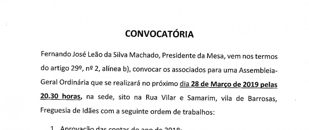 Convocatória Assembleia – Geral a realizar no dia 28/03/2019 às 20h:30m