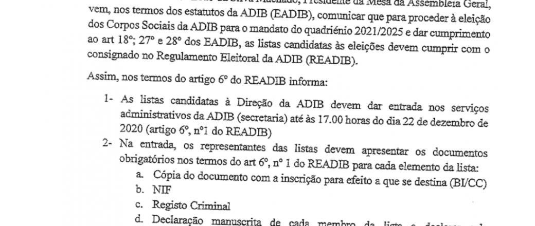 Comunicado para Eleição dos Corpos Sociais Quadriénio 2021 – 2025