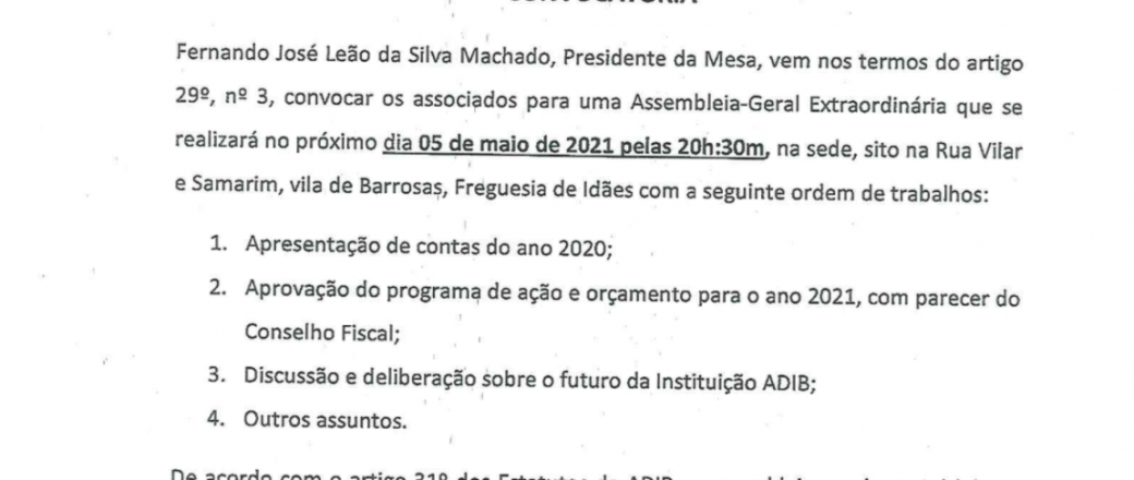 ADIB – Convocatória para a Assembleia – Geral Extraordinária 05-05-2021
