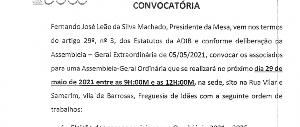 ADIB – Covocatória e comunicado para eleição dos corpos sociais quadriénio 2021 – 2025