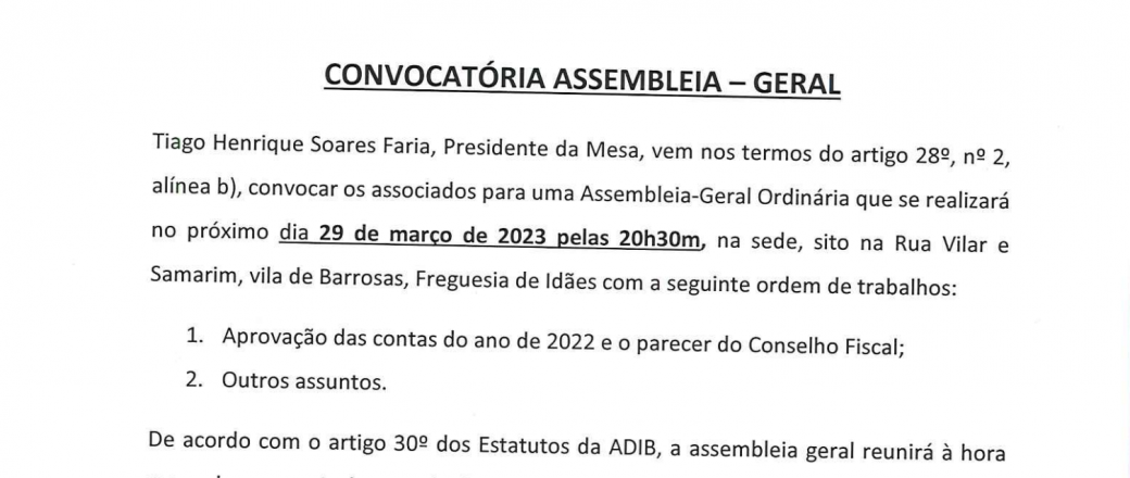 Convocatória da Assembleia Geral dia 29.03.2023 às 20h30m