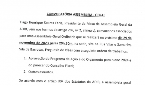 Convocatória da Assembleia Geral dia 29.11.2023 às 20h30m