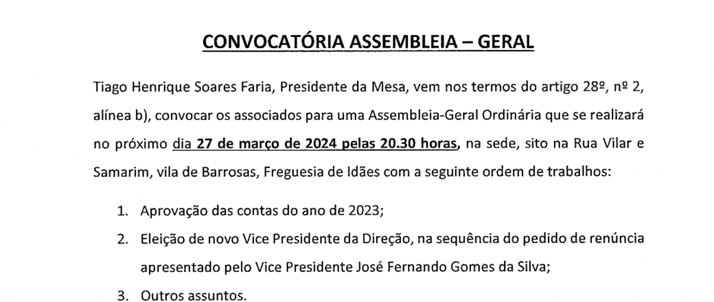 Convocatória da Assembleia Geral dia 27/03/2024 às 20h30m