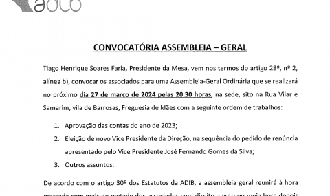 Convocatória da Assembleia Geral dia 27/03/2024 às 20h30m