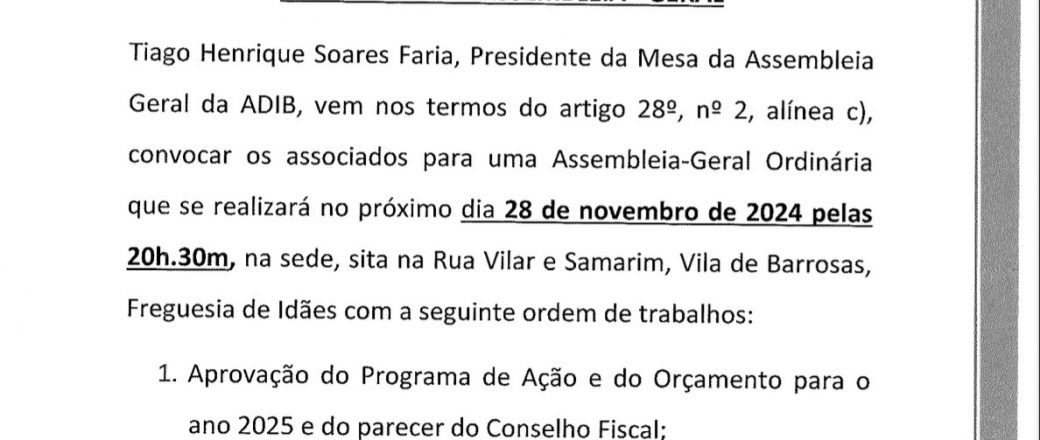 Convocatória da Assembleia Geral dia 29/11/2024 às 20h30m