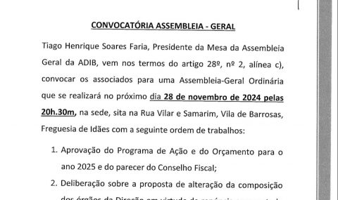 Convocatória da Assembleia Geral dia 29/11/2024 às 20h30m