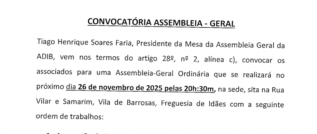 ADIB – Convocatória Assembleia-Geral (26.11.25 às 20h30m)