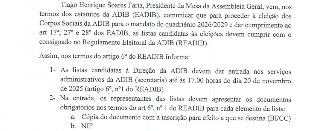 ADIB – Comunicado para Eleição dos Corpos Sociais Quadriénio 2026-2029
